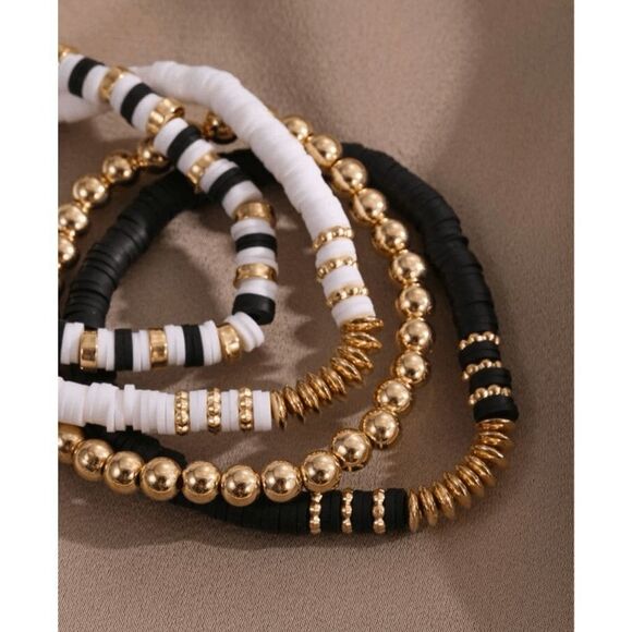 4 Piece Neutral Handmade Polymer Clay Heishi & Gold Beaded Stretch Bracelets - Picture 2 of 3